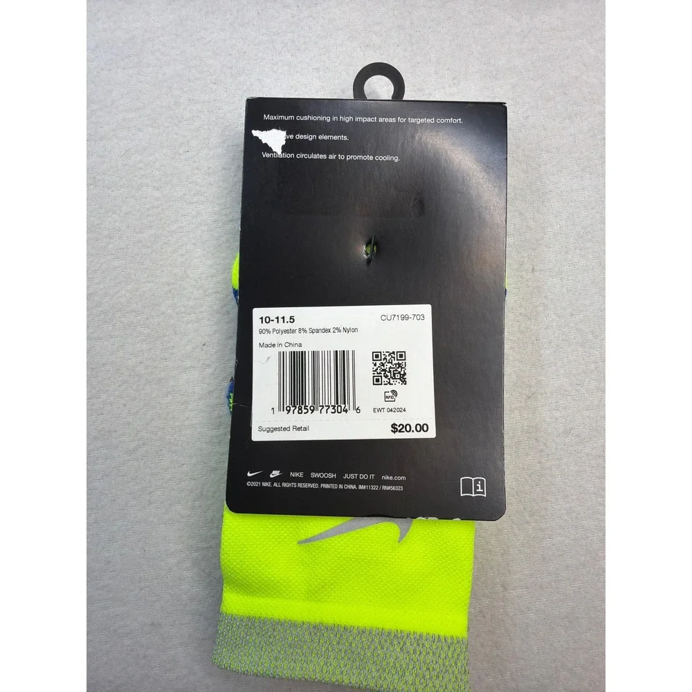 Nike Spark Running Ankle Socks Volt Yellow Blue Dri-FIT Men's 10-11.5 NWT